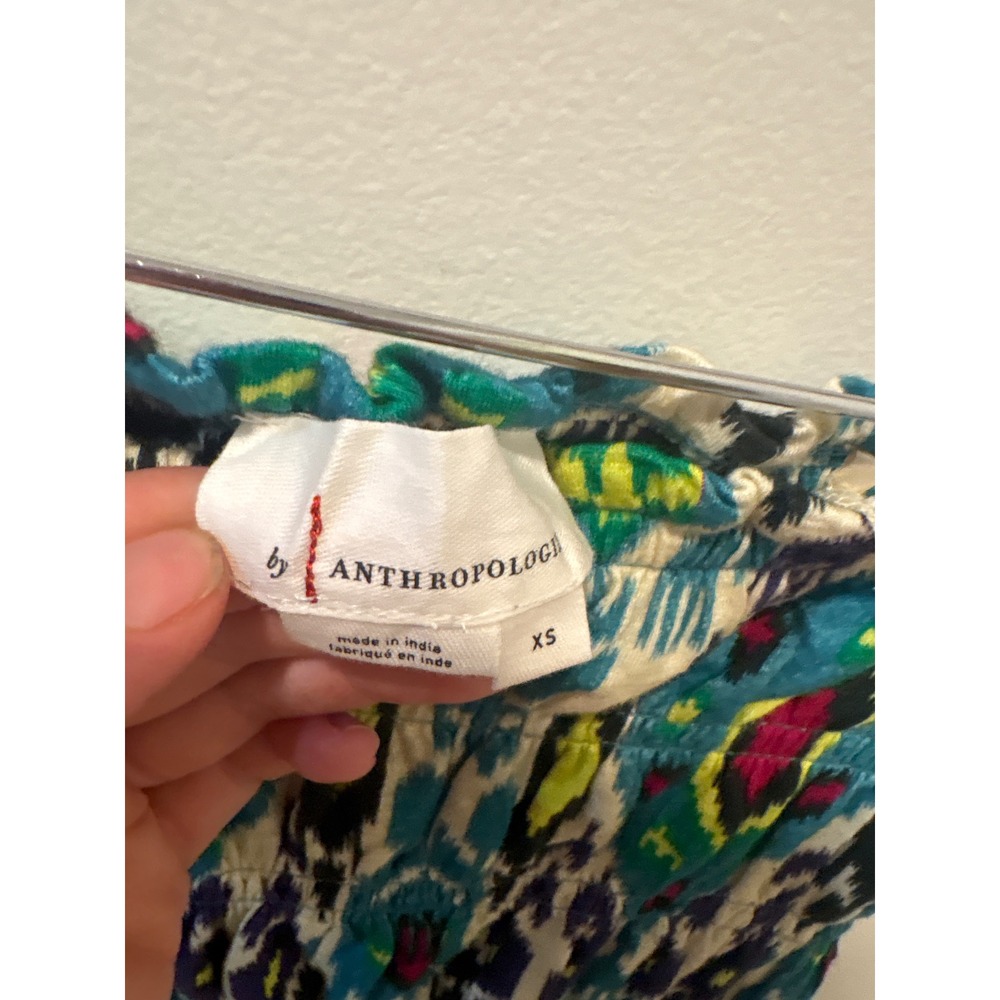Anthropologie Ikat Smocked Tube Top XS Teal Yellow Pink Cotton Strapless Crop - Picture 2 of 4